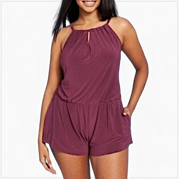 AquaGreen Burgundy Currant High Neck Swim Romper One Piece Swimsuit NWT Plus 20W - Picture 1 of 6